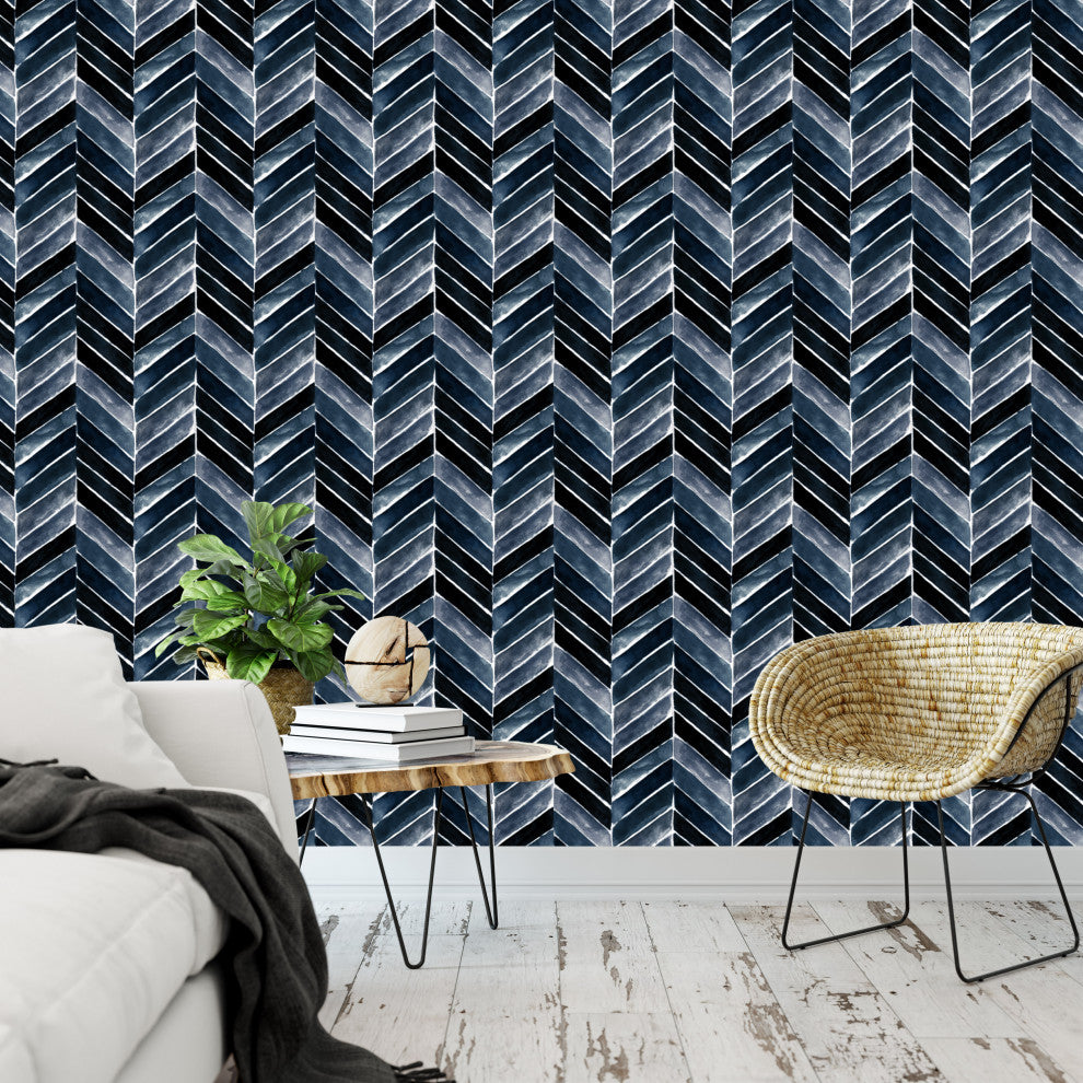 Chevron Painted Indigo Blue Wallpaper, 24"x72"
