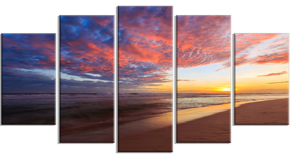 Colored Clouds in Beach at Sunset, Seashore Canvas Print, 60"x32", 5 Panels