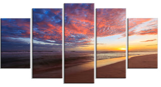 Colored Clouds in Beach at Sunset, Seashore Canvas Print, 60"x32", 5 Panels