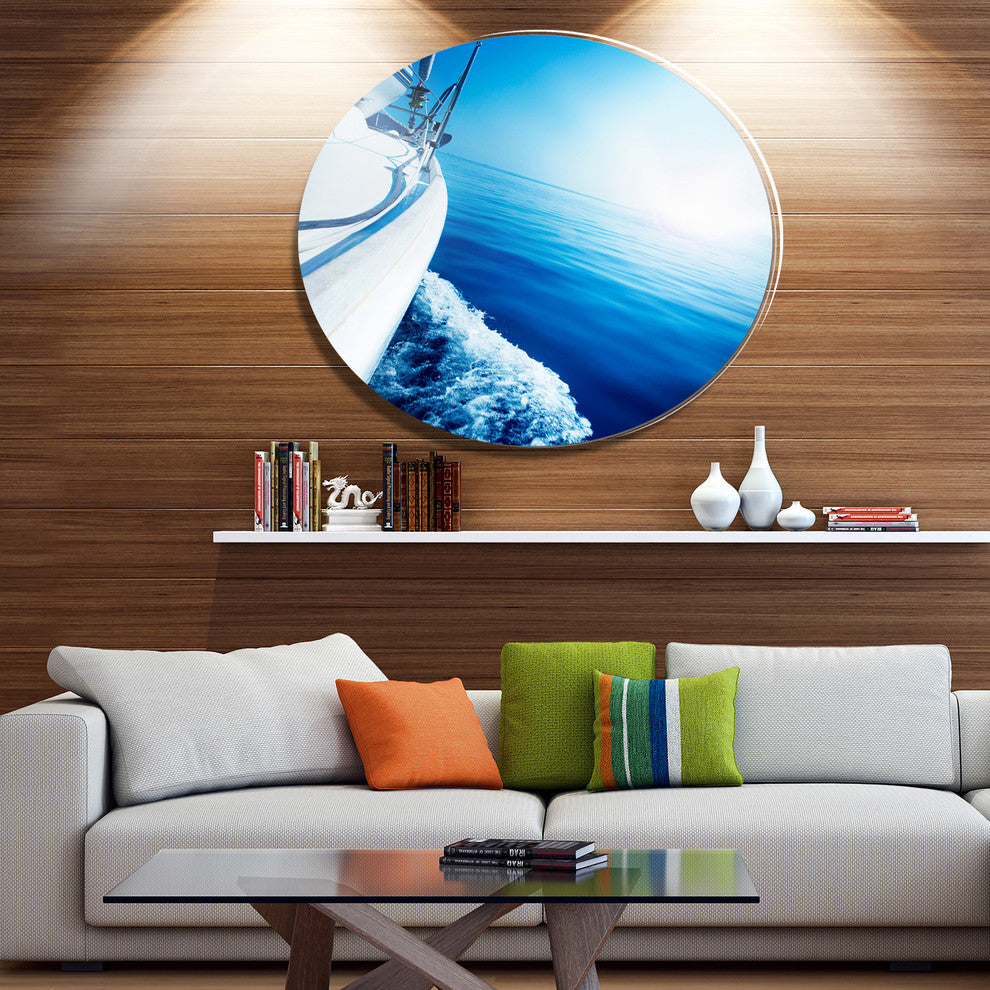 Luxury Yacht Sailing In Blue Sea, Seashore Round Metal Wall Art, 11"