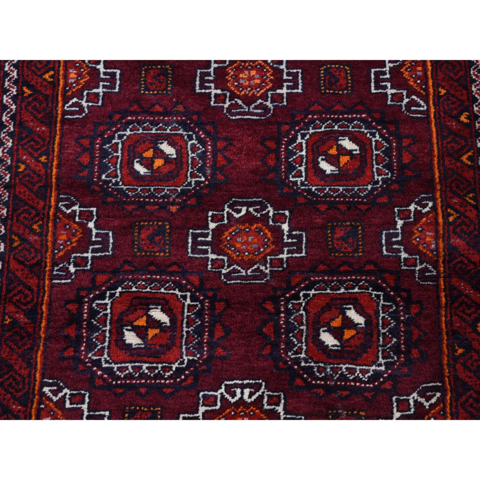 Red Vintage Tourkaman Bokara Pure Wool Hand Knotted Runner Rug 3'4" x 5'10"