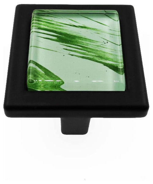 Hand Brushed Random Green Strokes Crystal Glass Black Metal Square Manor Knob