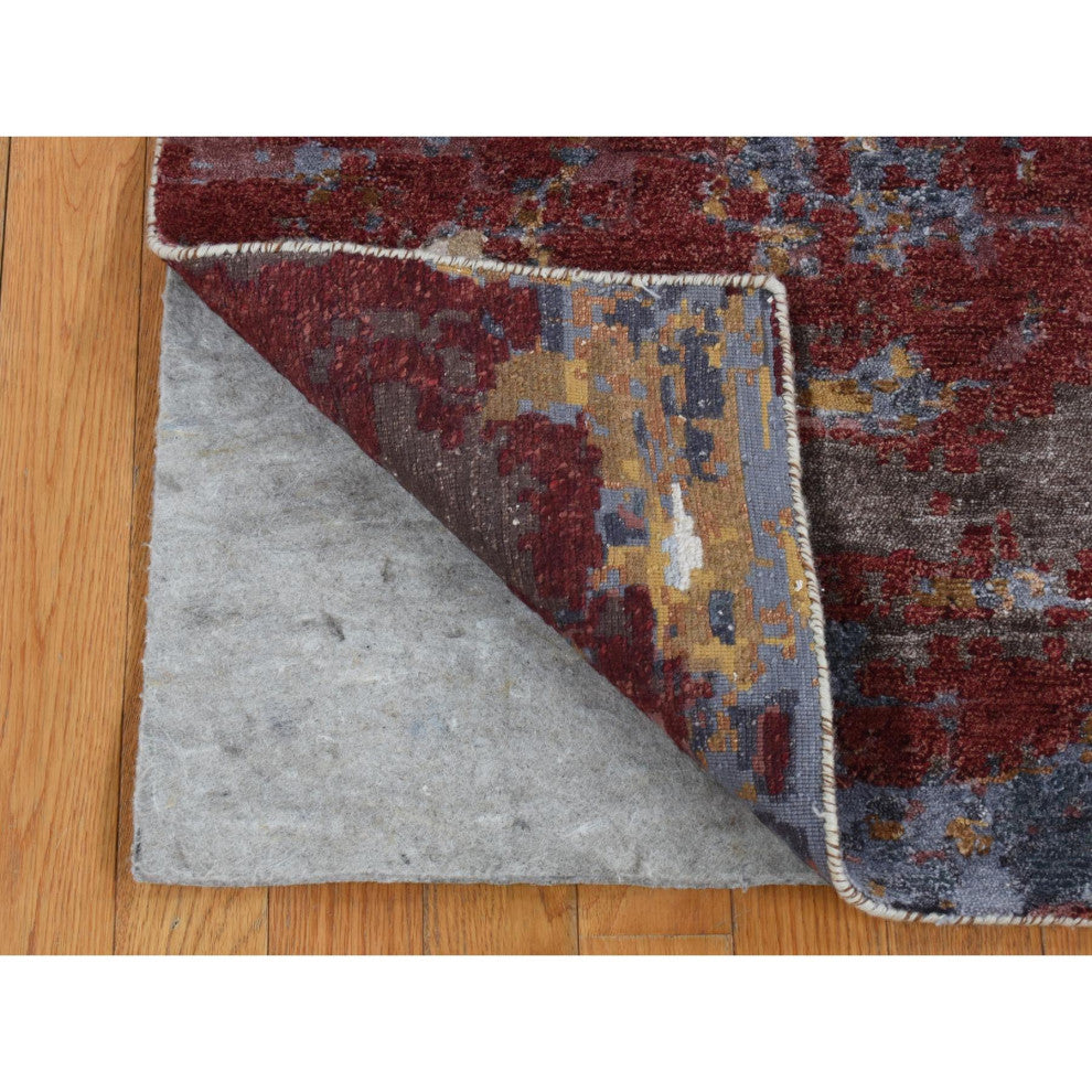 Red, Wool and Silk, Abstract Design Hand Knotted Runner Rug, 2'7"x8'1"