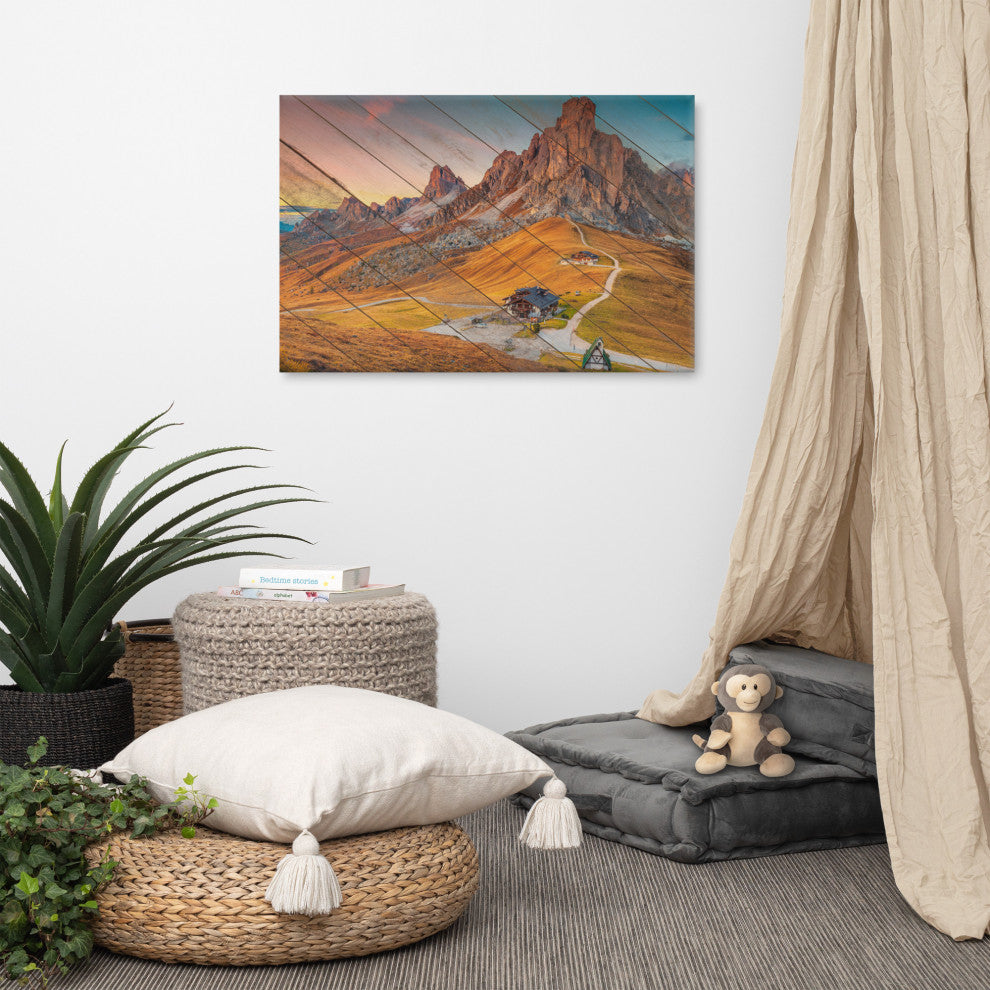 Faux Wood Majestic Sunset and Alpine Mountain Pass Canvas Prints, 24" X 36"