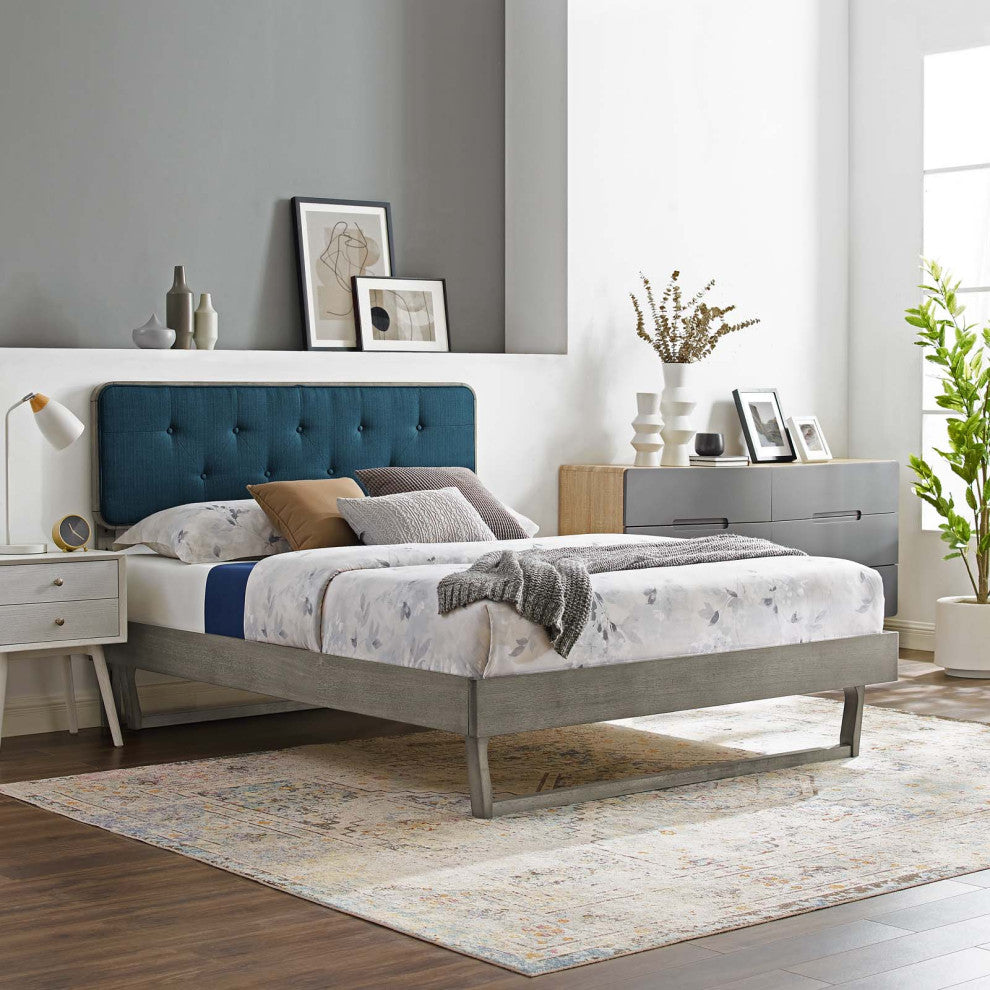 Platform Bed Frame, Queen Size, Fabric, Wood, Gray Navy Blue, Modern