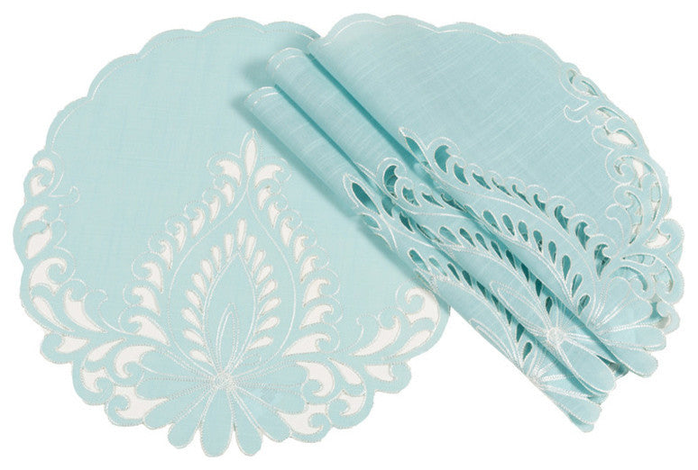 Wilshire Embroidered Cutwork Placemats, Blue, 16" Round, Set of 4