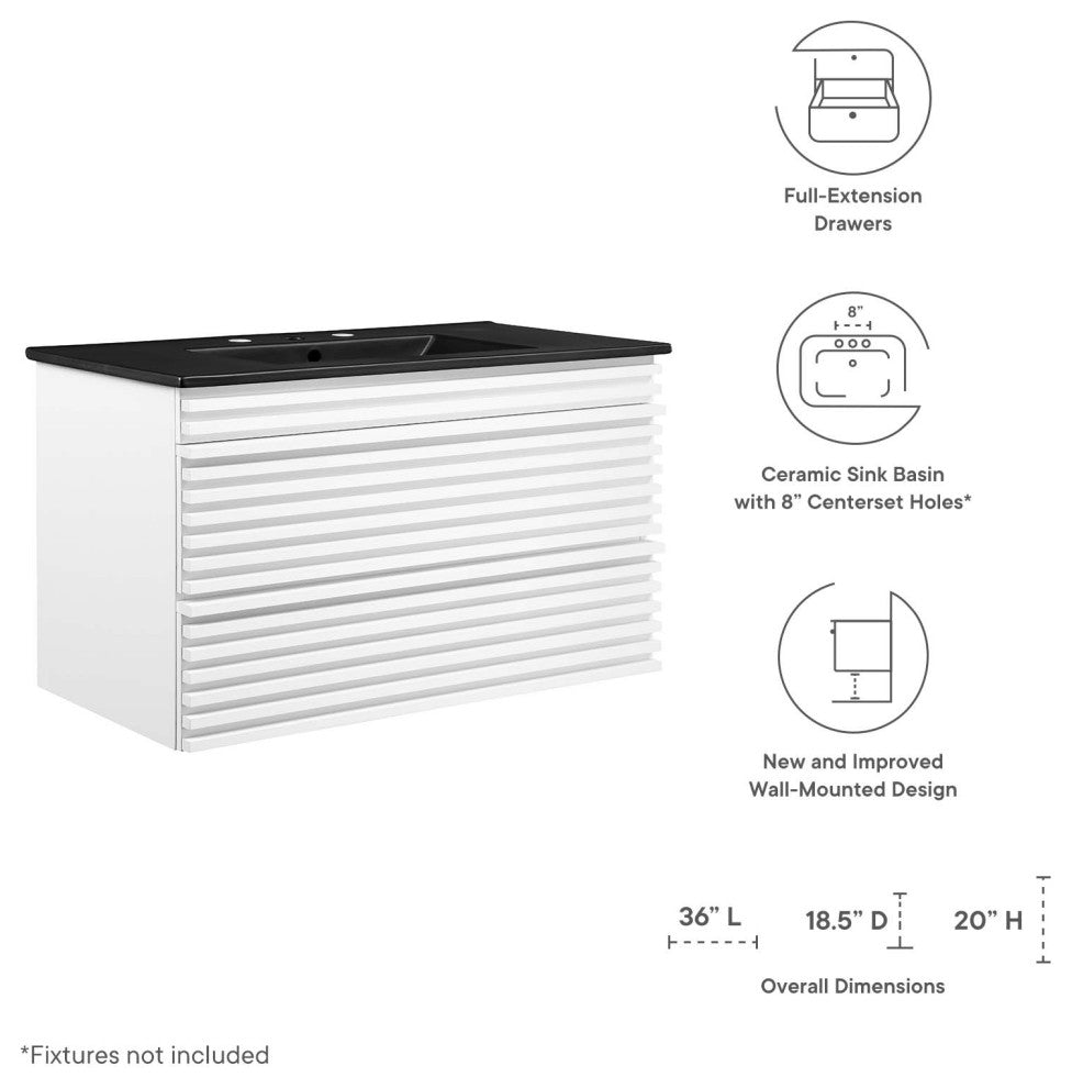 Render 36" Wall-Mount Bathroom Vanity, White Black