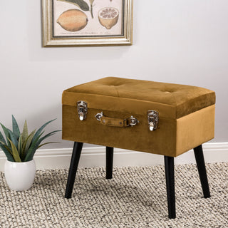 19.70" Glod Velvet Upholstered Storage Stool With Black Solid Rubberwood Legs