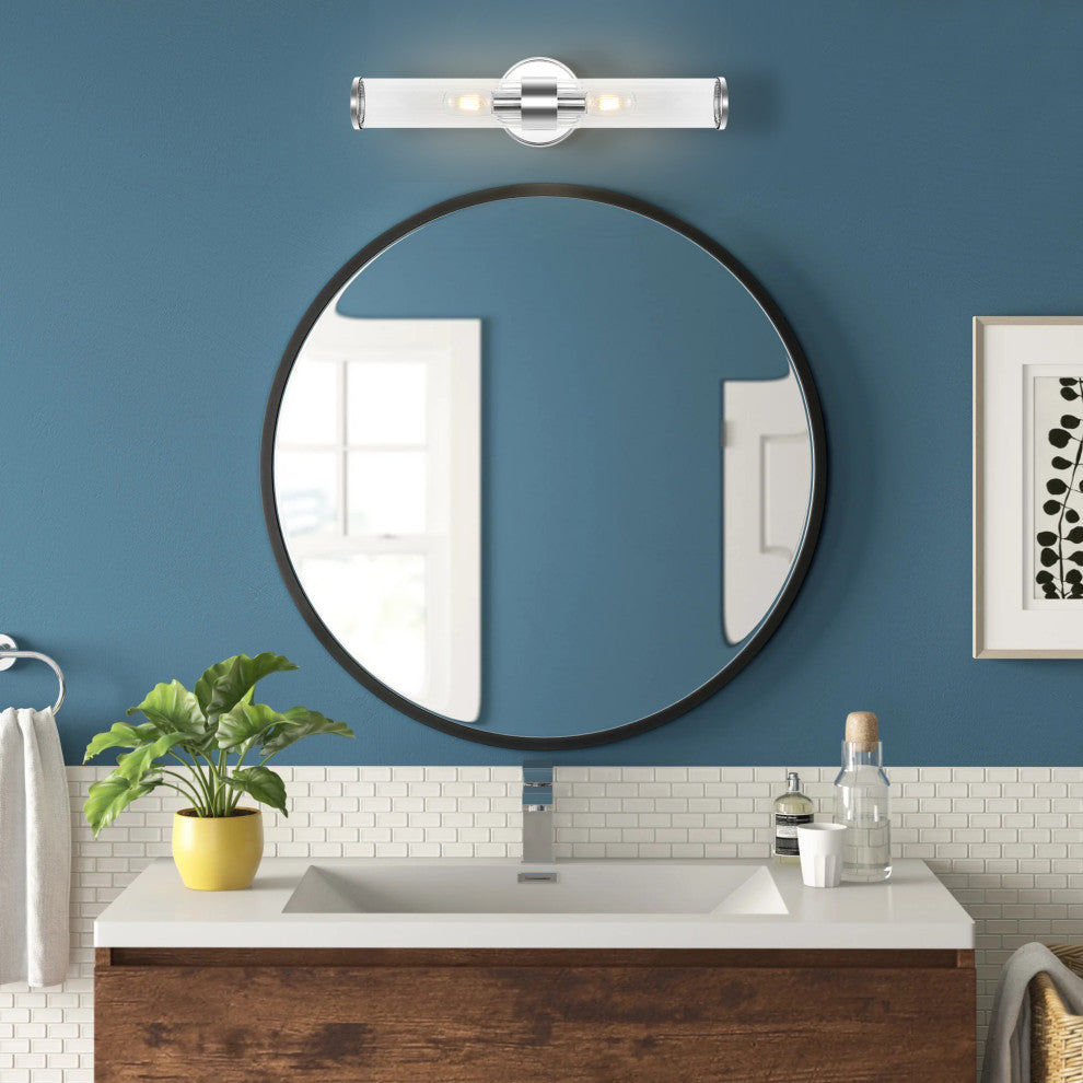 Cecil Tall Cylinder Iron/Striped Glass Modern LED Vanity, Chrome, 2-Light