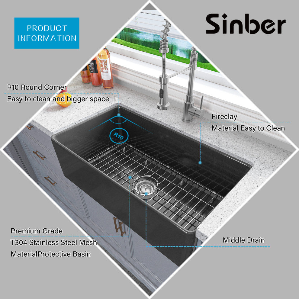 Sinber Farmhouse Apron Single Bowl Kitchen Sink with Fireclay 2 Accessories, Black, 33" X 18"