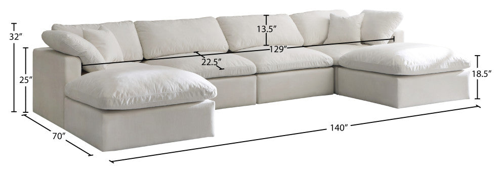 Plush Velvet / Down Standard Comfort 6-Piece U-Shaped Modular Sectional, Cream