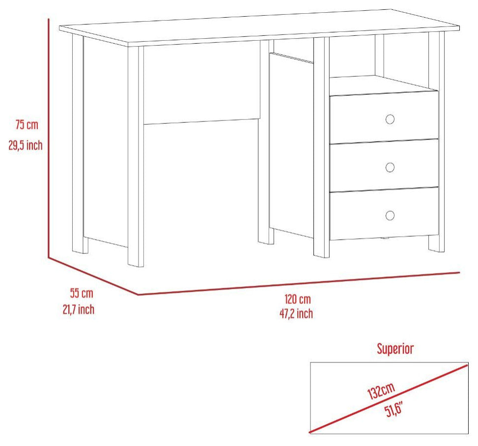 Antara Computer Desk with 3 Drawers, Open Shelf, Legs and Handles, Light Gray