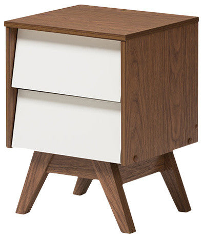 Hildon Mid-Century White and Walnut Wood 2-Drawer Storage Nightstand