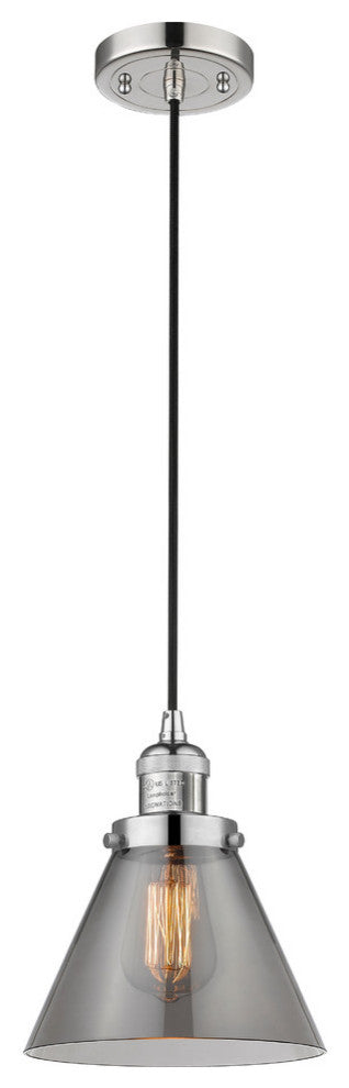 1-Light Large Cone 8" Pendant, Polished Nickel, Glass: Smoked