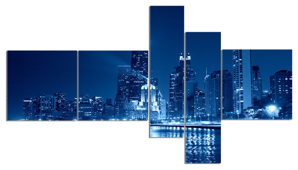 Blue Chicago Skyline Night, Cityscape Photo Canvas Print, 60"x32", 5 panels