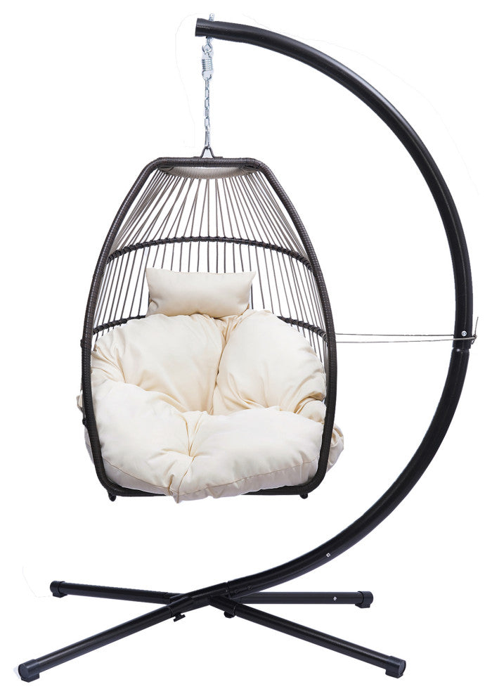 Outdoor Patio Wicker Folding Swing Chair Hanging With Bracket and Cushion Pillow