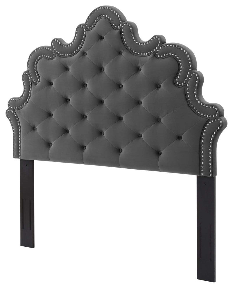 Tufted Headboard, Nailhead, Twin, Charcoal Gray, Velvet, Modern