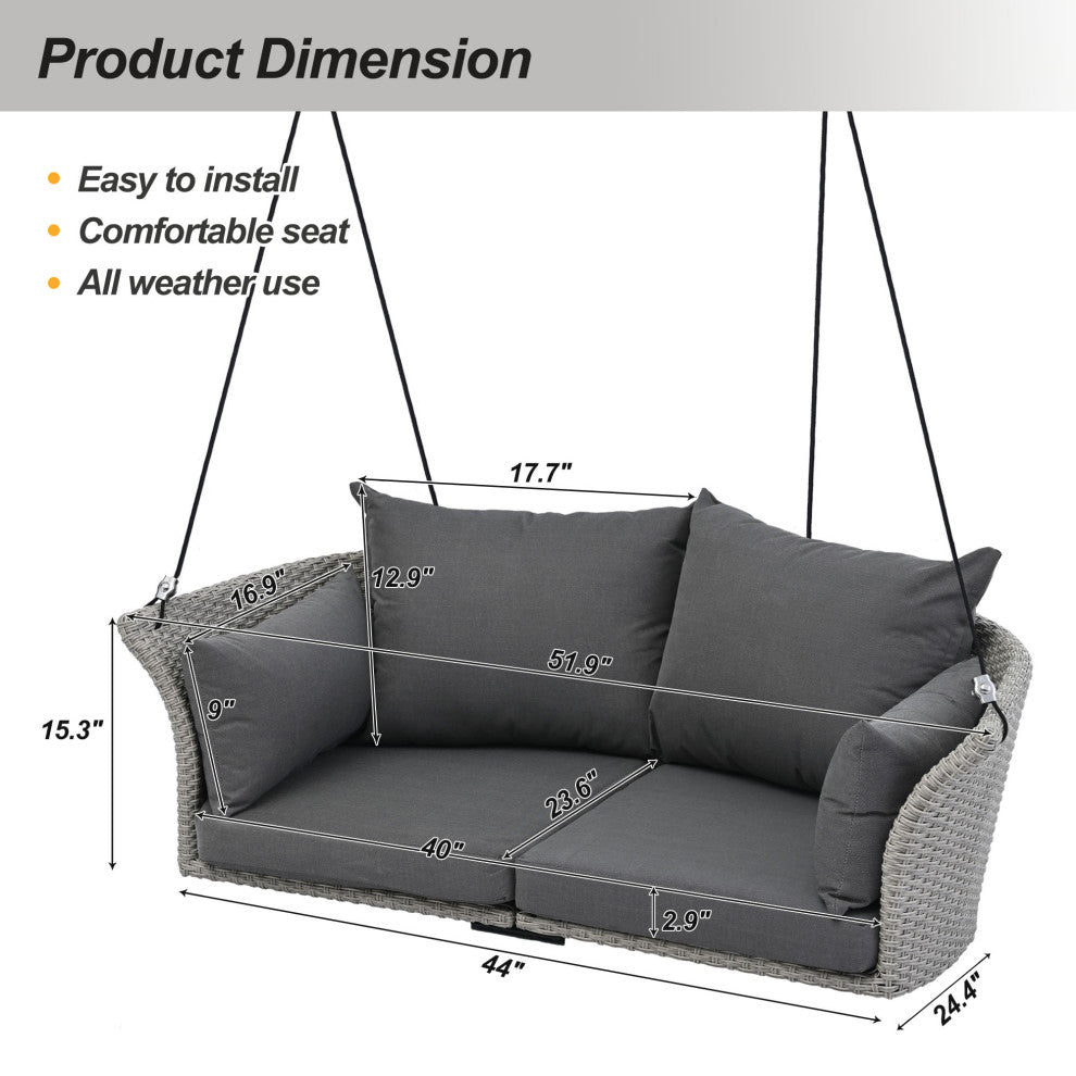 51.9" 2 Person Hanging Seat Rattan Woven Swing Chair, Gray