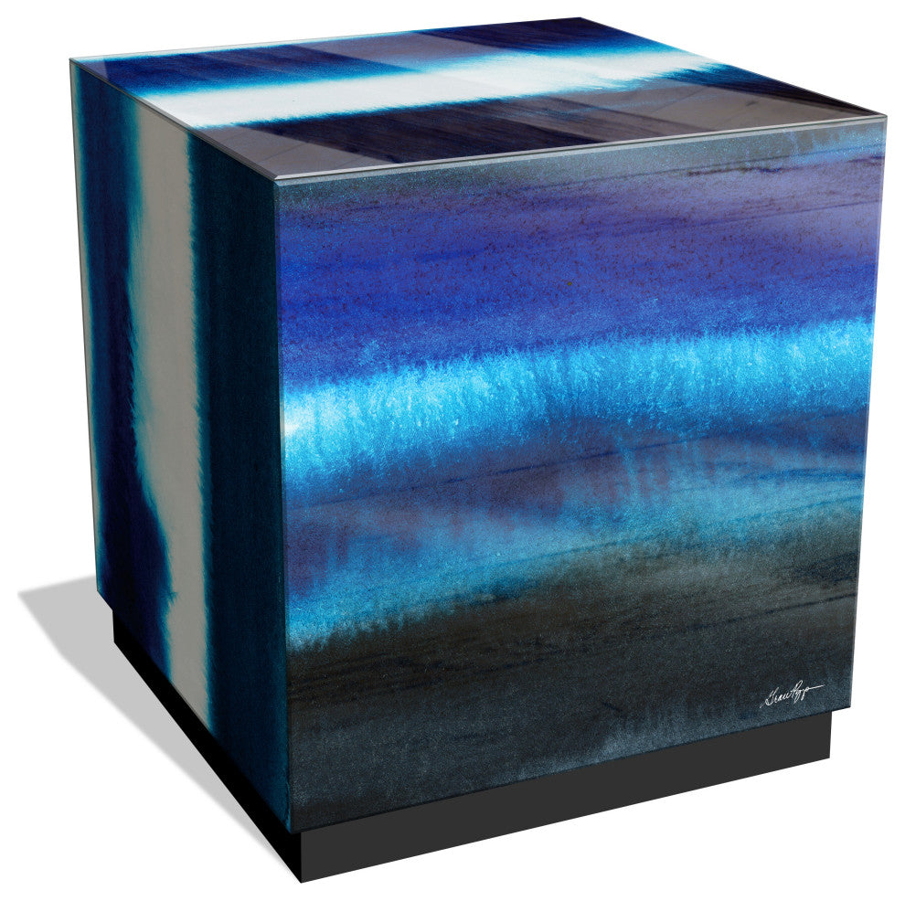 "Blue Run Off II" Reverse Printed Art Glass Side Table with Black Plinth Base