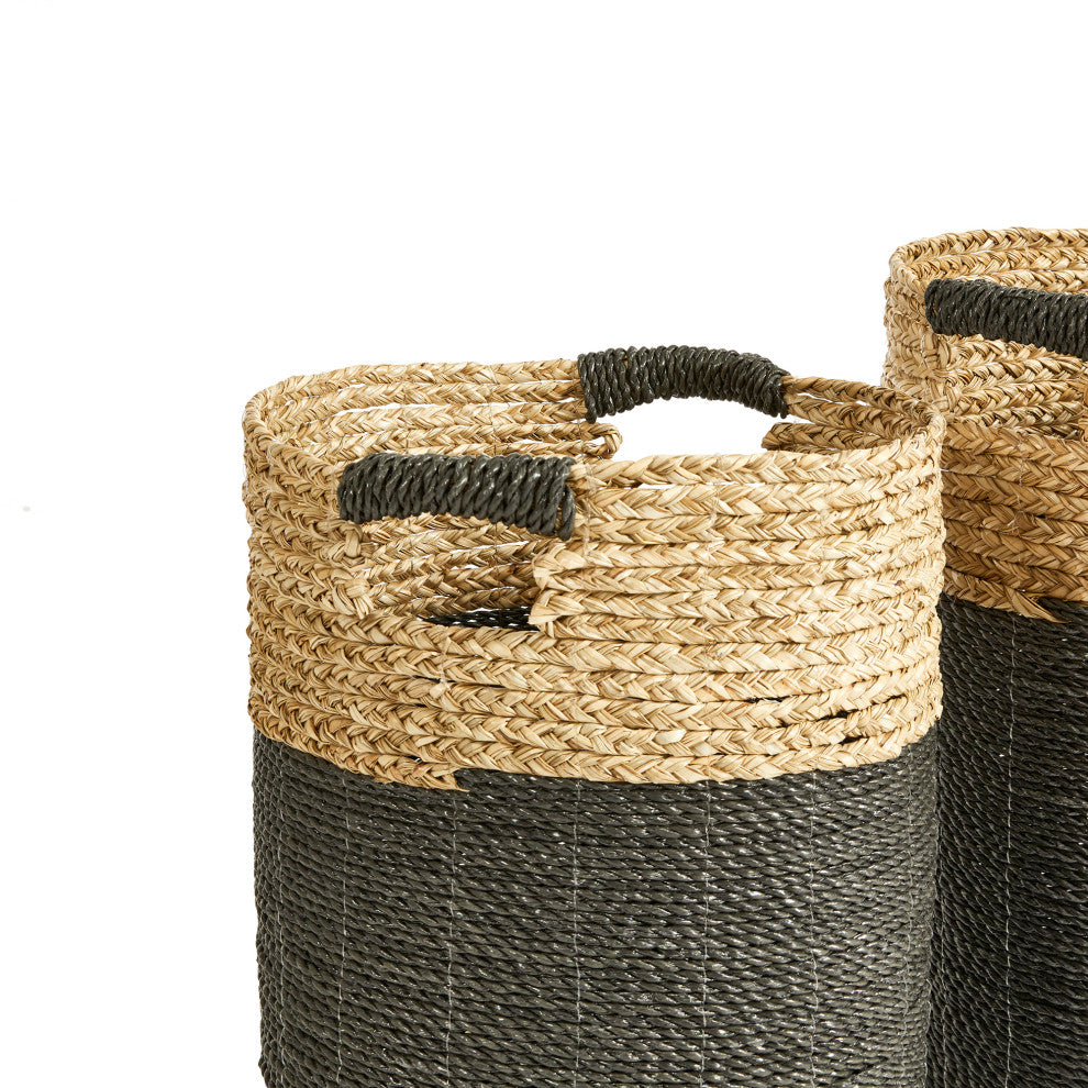 Set 2 Contemporary Casual Natural Black Round Tall Tote Baskets Handles Large
