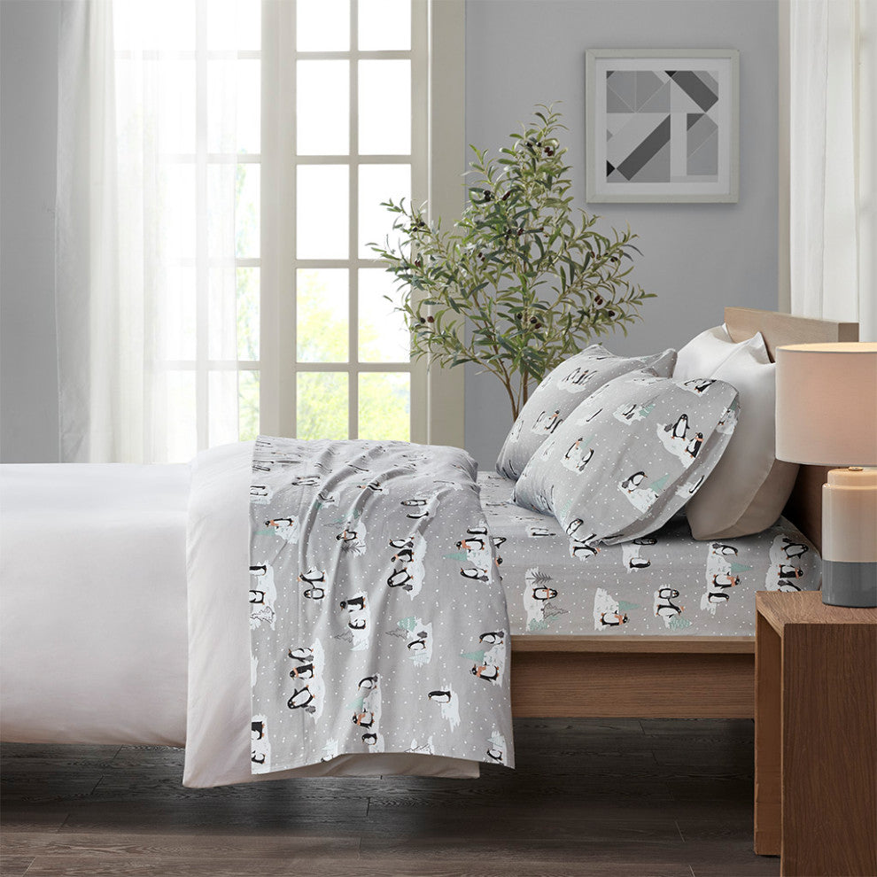 True North by Sleep Philosophy Cotton Flannel Kids Sheet Set, Grey Penguins