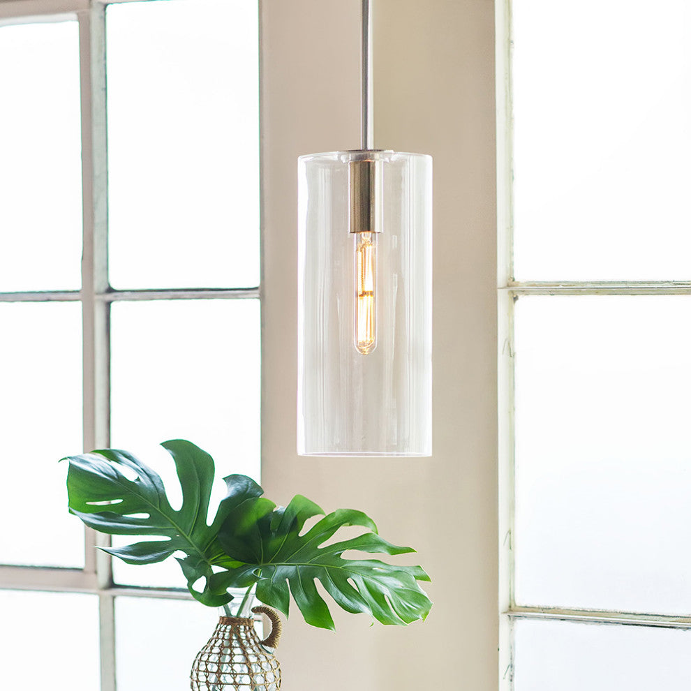 Lark Lane 7" Single Cylindrical Pendant, Polished Nickel + Clear Glass