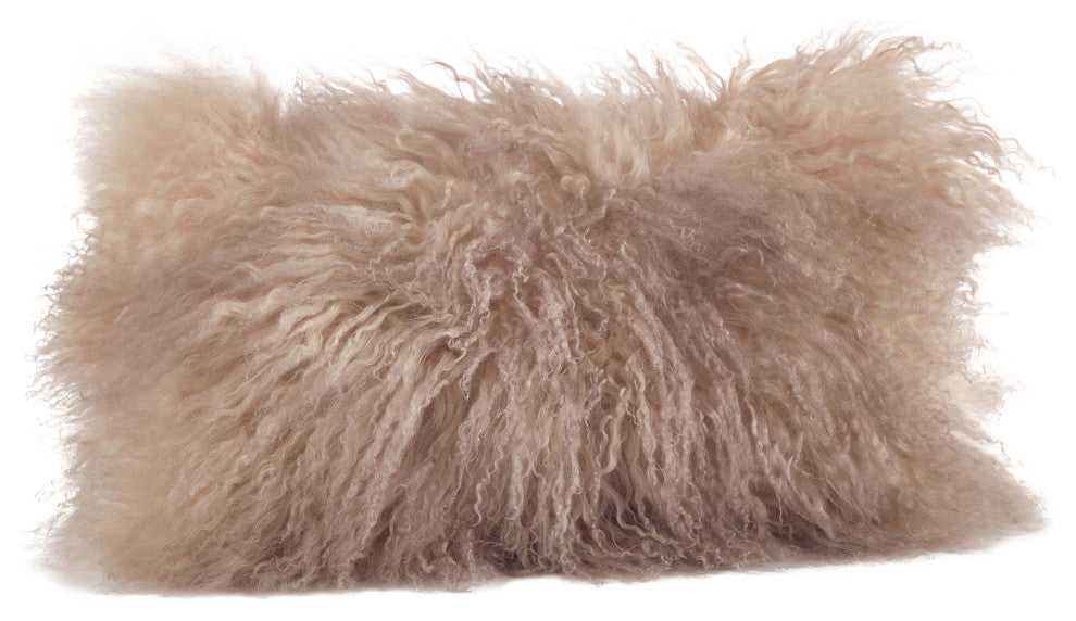 Mongolian Lamb Fur Poly Filled Throw Pillow, Oyster, 12"x20"