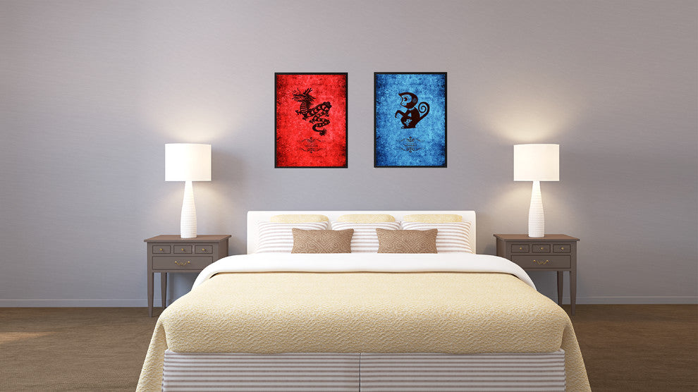 Monkey Chinese Zodiac Blue Print on Canvas with Picture Frame, 13"x17"