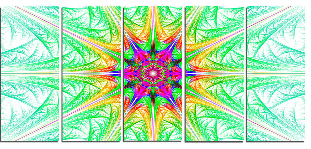 Green Fractal Stained Glass, Abstract Wall Art Canvas, 60"x28", 5 Panels