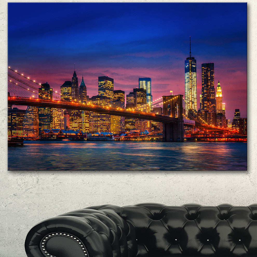 Manhattan with Lights and Reflections, Extra Large Canvas Art Print, 60"x28"