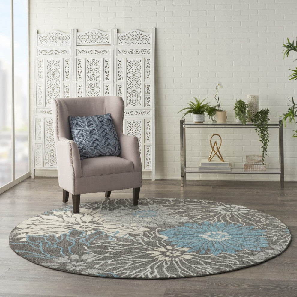 8 Round Charcoal and Blue Big Flower Area Rug