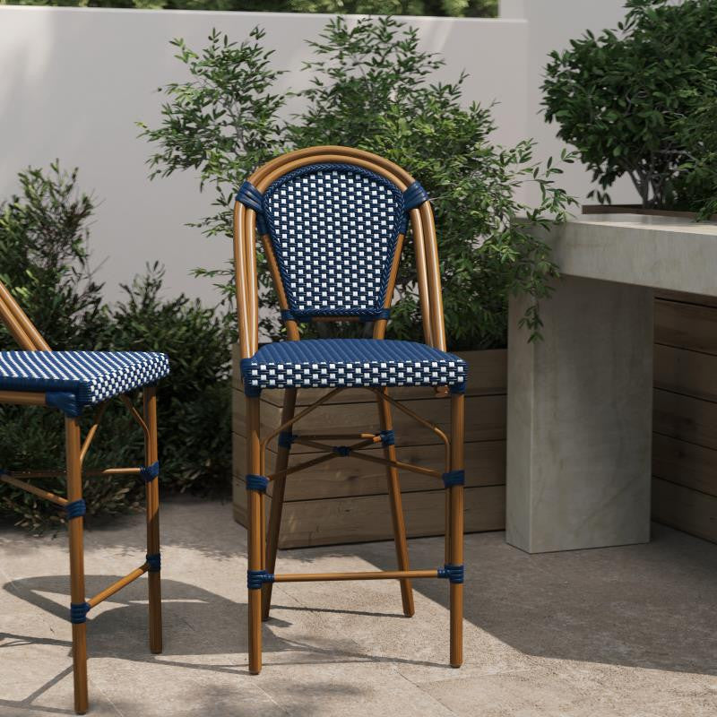Set of 2 Stackable Indoor/Outdoor French Bistro 26" High Bar Stools, Navy & White/Natural Frame