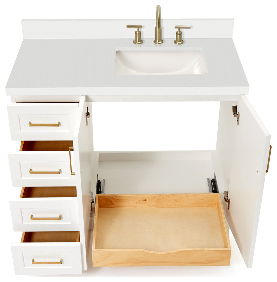 ARIEL Taylor 43" Right Offset Rectangle Sink White Vanity Quartz Top, No Mirror