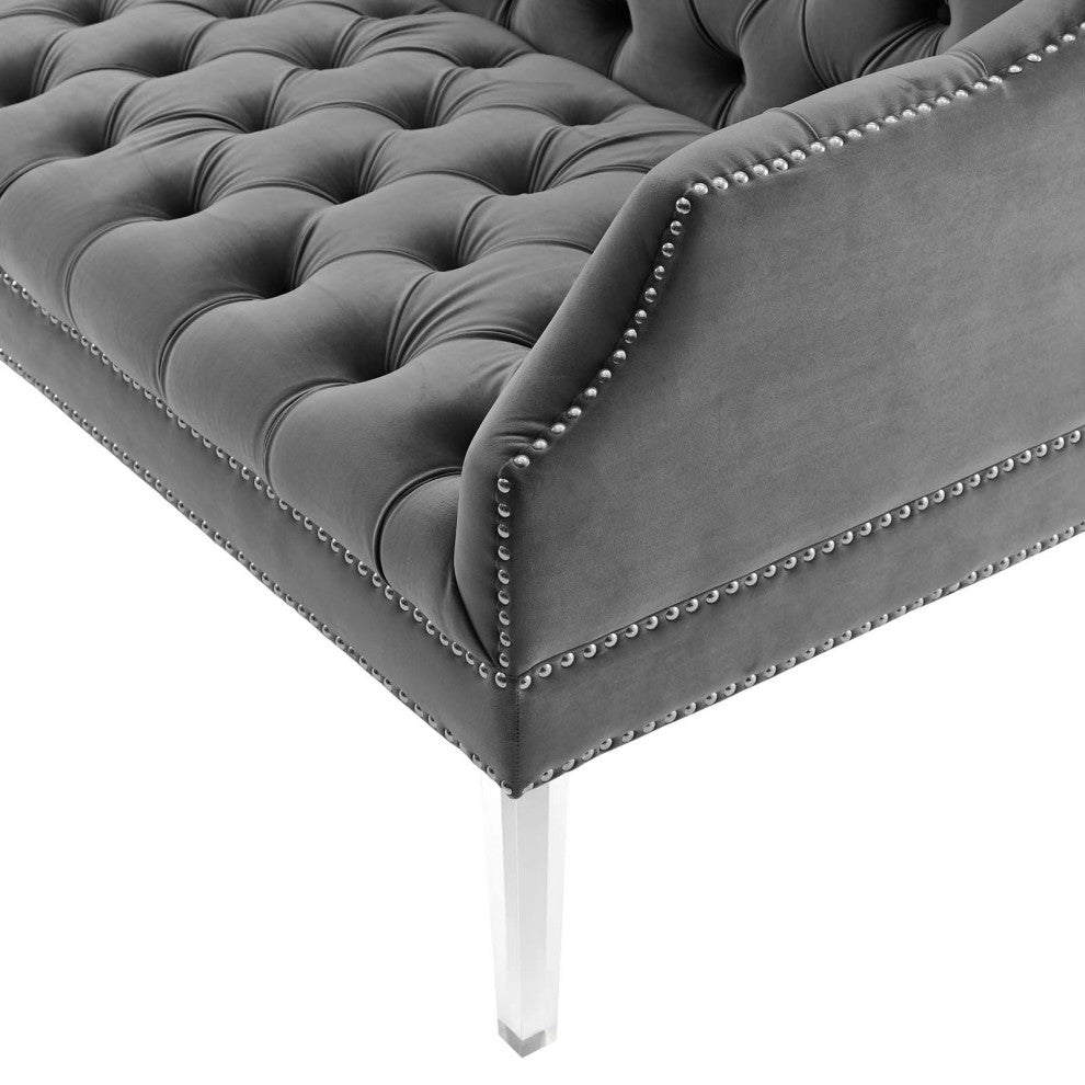 Tufted Loveseat Sofa, Velvet, Gray, Modern, Living Lounge Hotel Hospitality