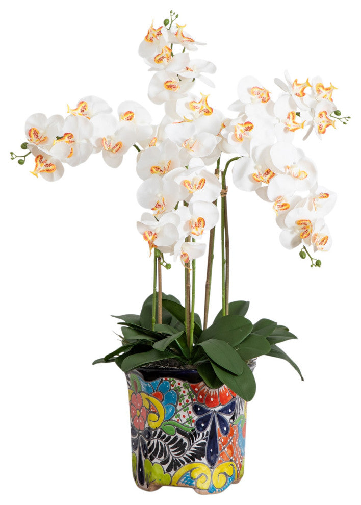 36" Faux Large Orchid Arrangement, Handmade Mexican Talavera Ceramic Planter