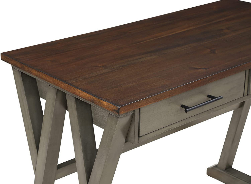 Rustic Desk, Geometric Trestle Base With Rectangle Top and Drawers, Sl