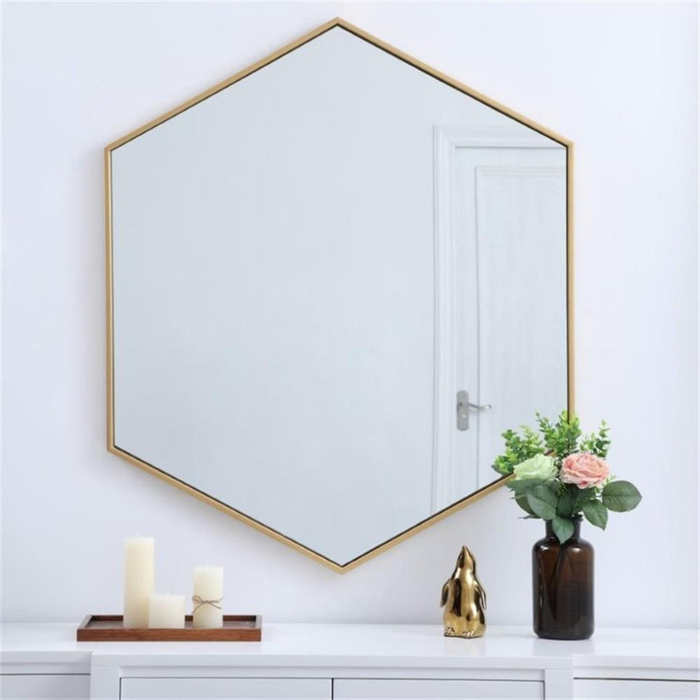 Elegant Decor Eternity 32" x 38" Hexagonal Metal Frame Mirror in Brass