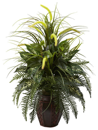 Full front-facing shot of the mixed greens and cattails arrangement on a clean white background; no text or diagrams.