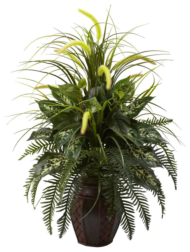 Full front-facing shot of the mixed greens and cattails arrangement on a clean white background; no text or diagrams.