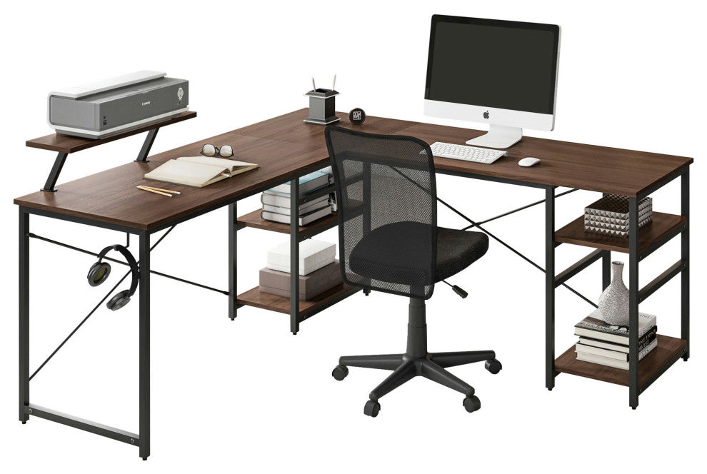 Techni Mobili L-Shape Industrial Desk with storage shelves, Walnut