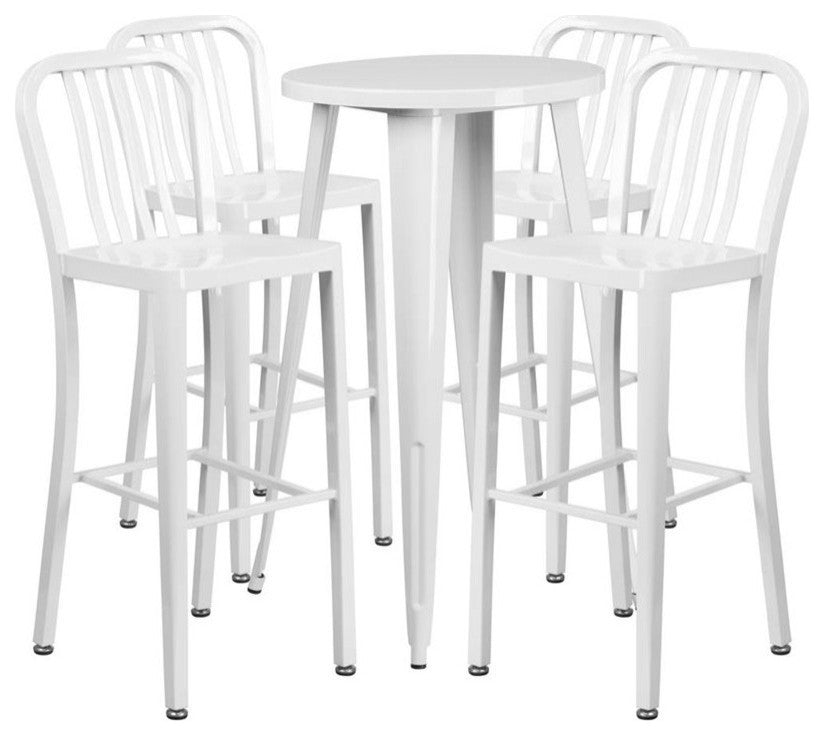 24'' Round White Metal Indoor-Outdoor Bar Table Set, 4 Vertical Slat Barstools