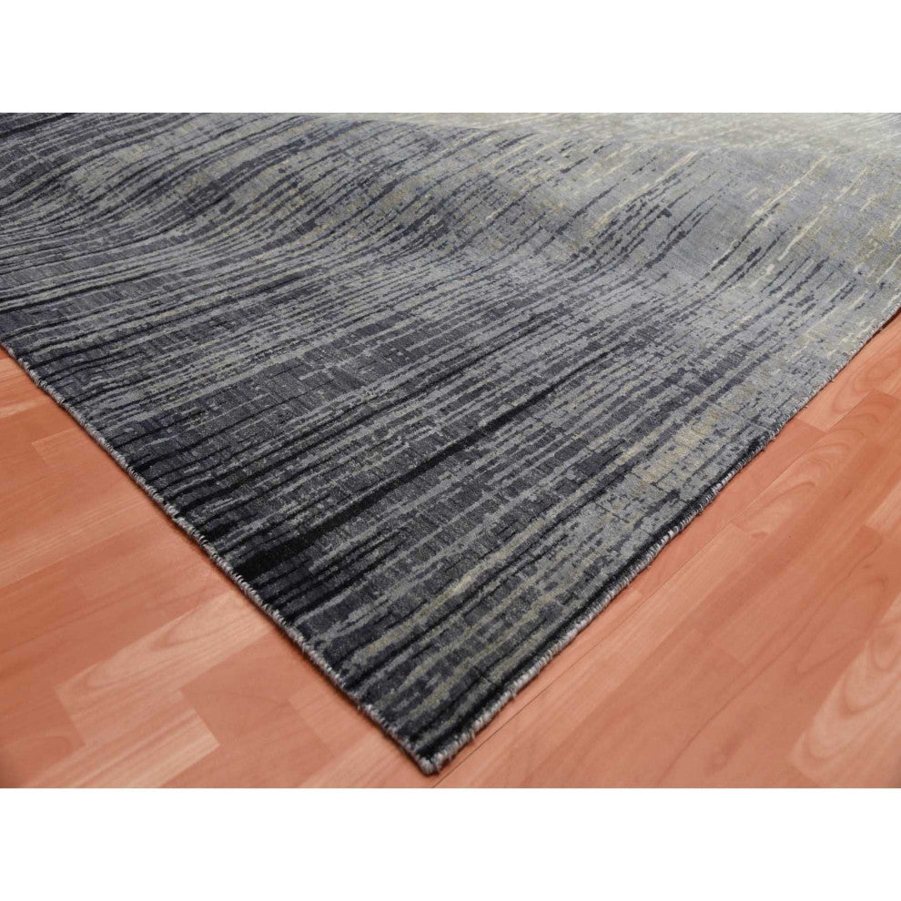 Blue, Modern Ombre Design, Pure Wool Hand Knotted Oversized Rug, 12'2"x15'0"