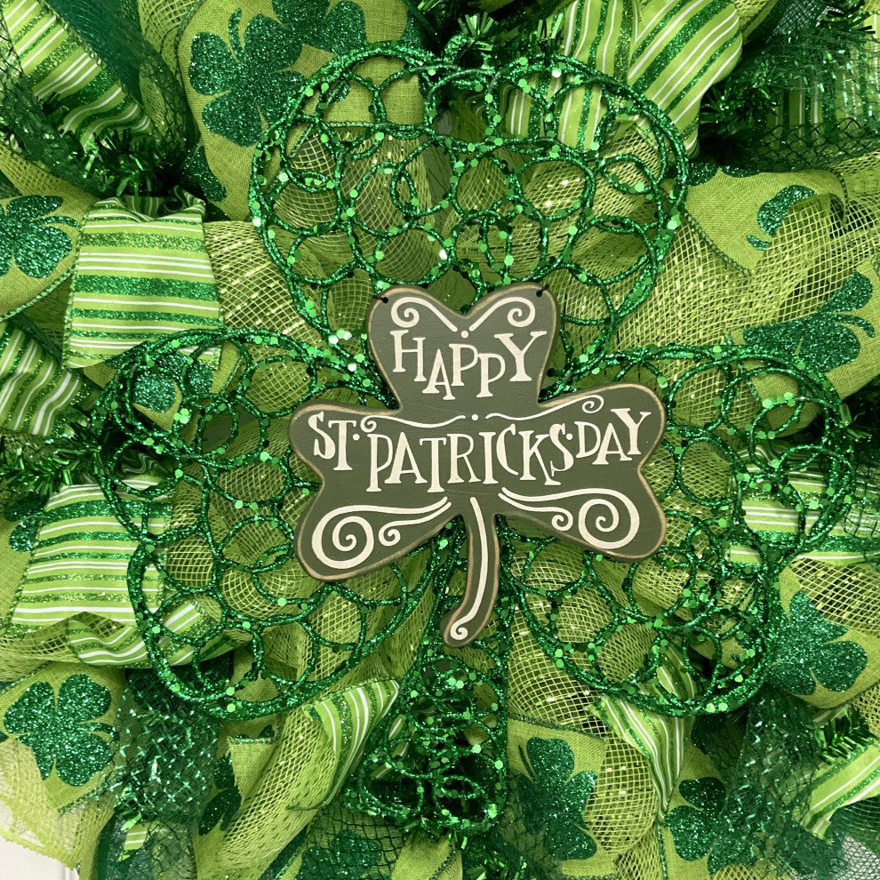 Happy St Patricks Day Glittering Shamrock Wreath Handmade Deco Mesh
