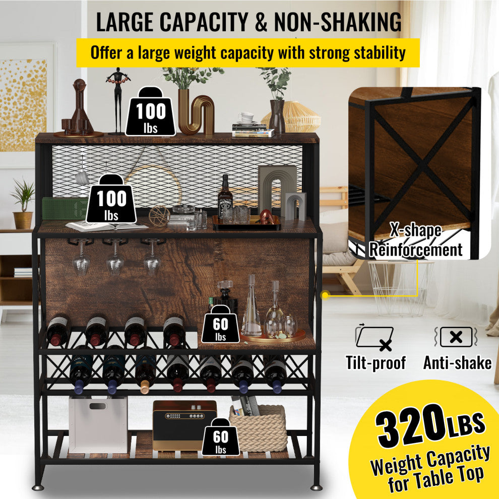 VEVOR Wine Rack Table Bar Cabinet Table w/ Wine Rack & Glass Holder Industrial