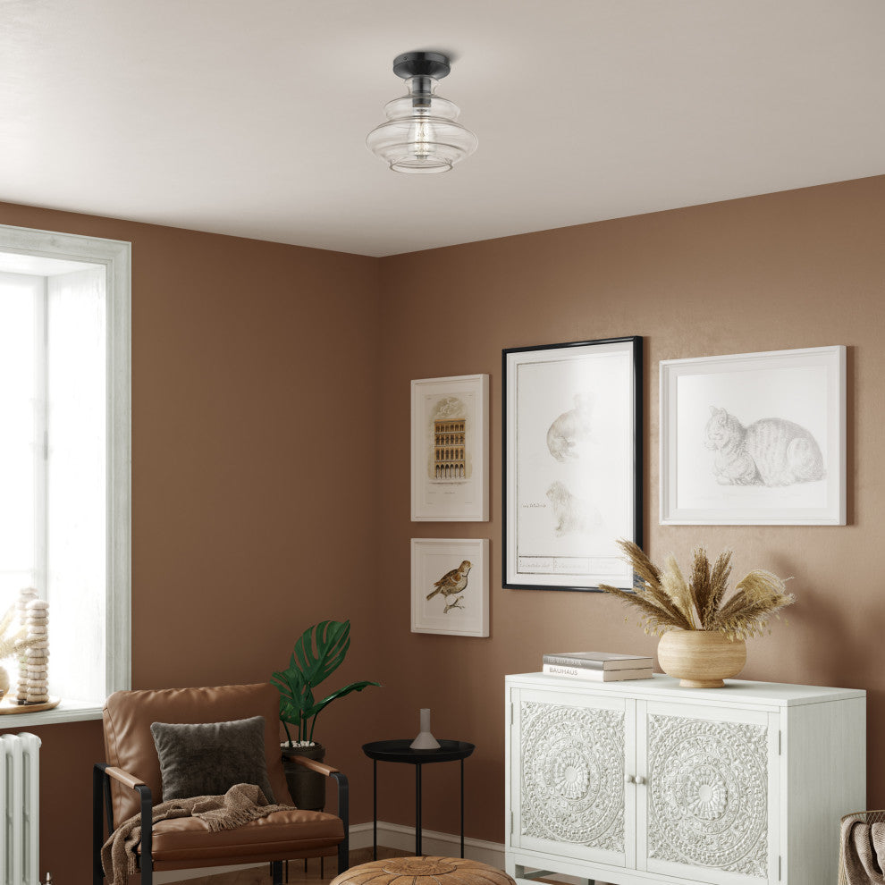 1 Light Shiny Black Semi-Flush, Chrome Finish Accents