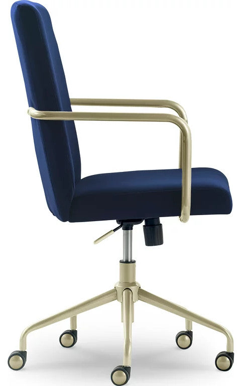 Midcentury Modern Office Chair, Gold Metal Base With Soft Velvet Seat, Navy Blue