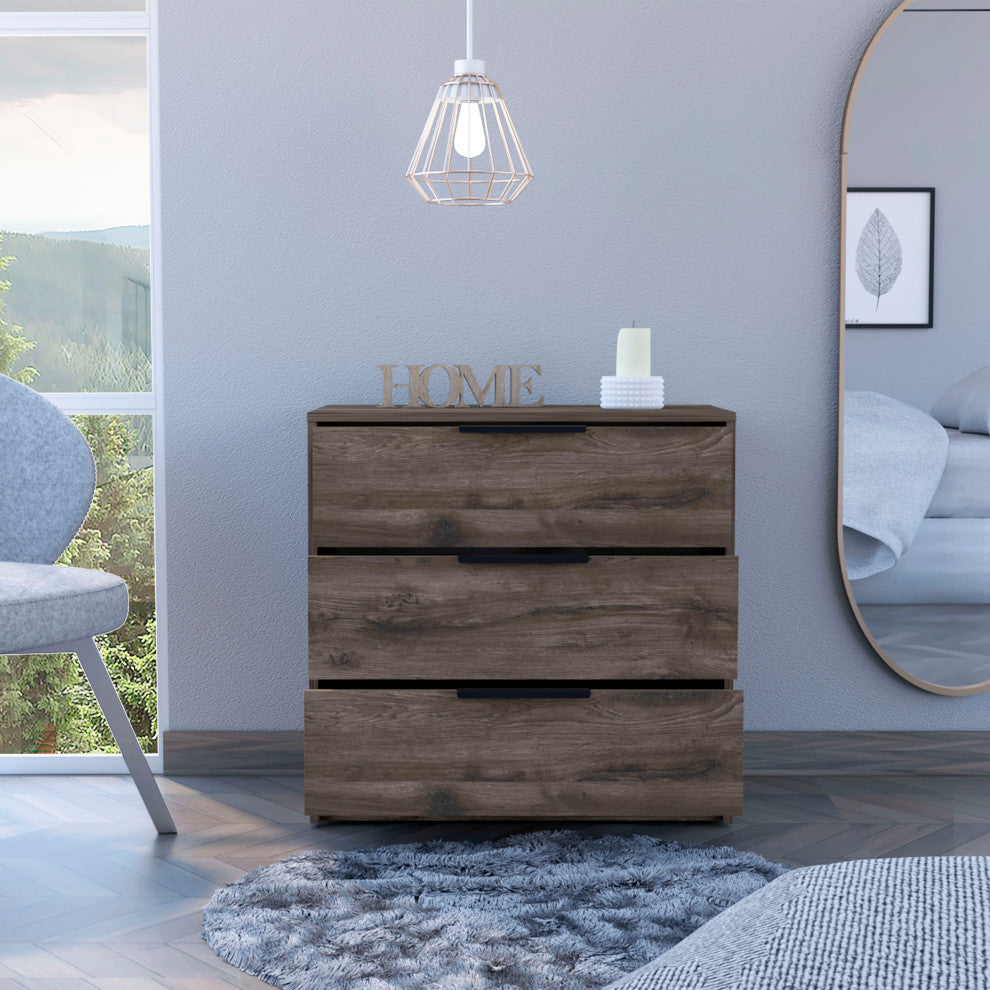 Washington 3 Drawer Dresser with Metal Handles, Dark Brown