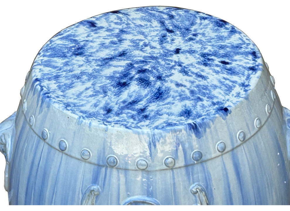 White Blue Glaze Bat Fortune Coin Pattern Round Ceramic Garden Stool Hcs7809