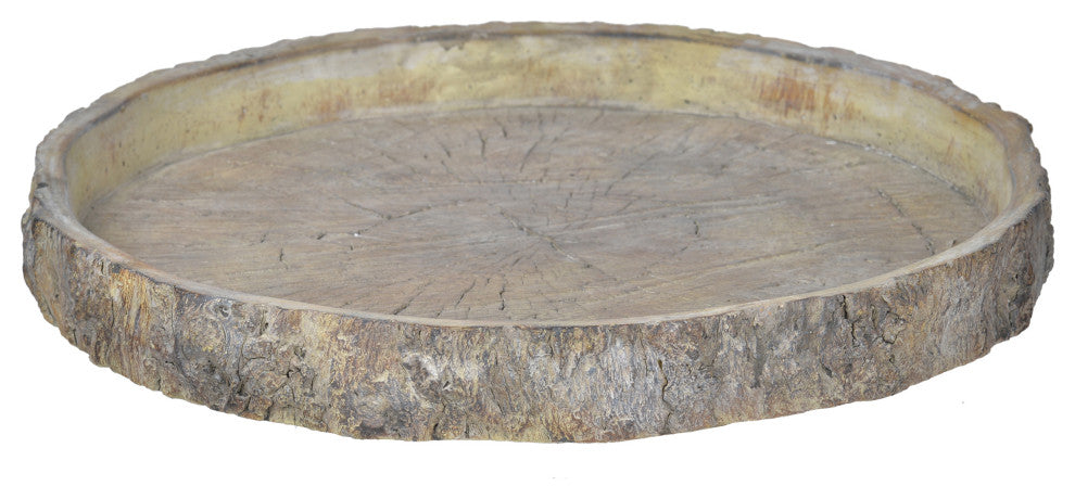 Benzara BM200902 Round Shape Cemented Log Plate With Distressed Details, Gray