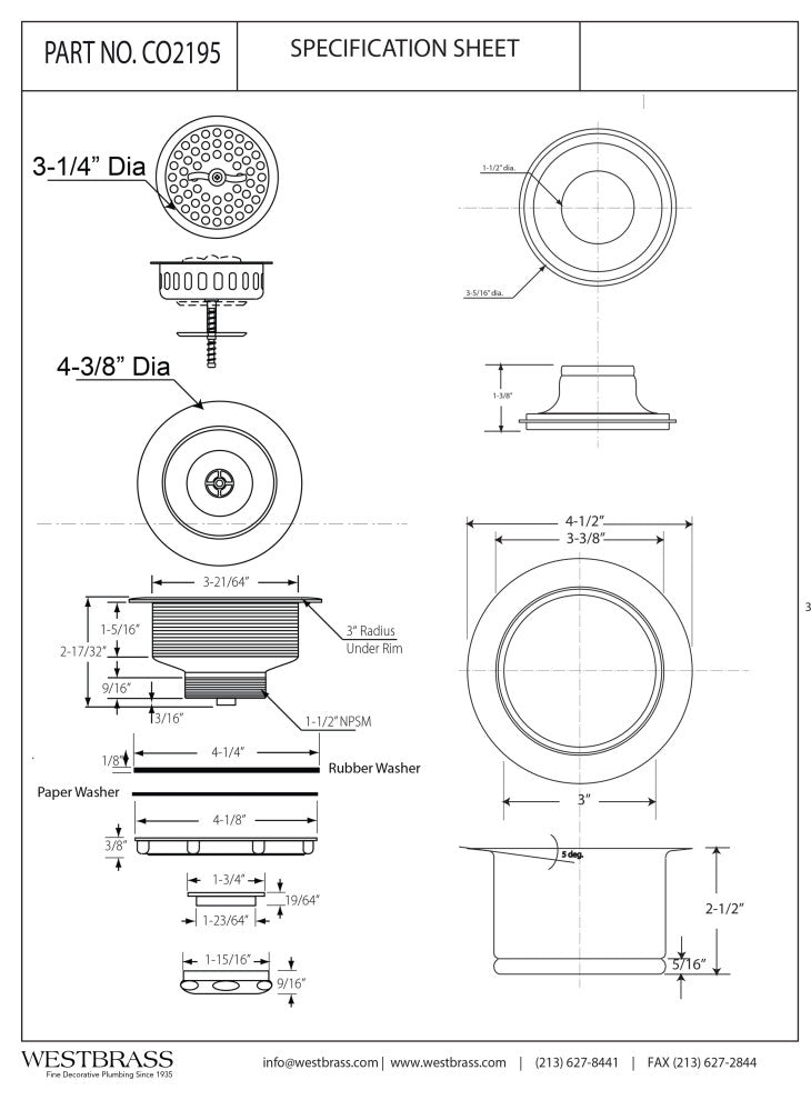 CO2195 3.5" Wing Nut Twist Large Kitchen Sink Basket Strainer, Stainless Steel
